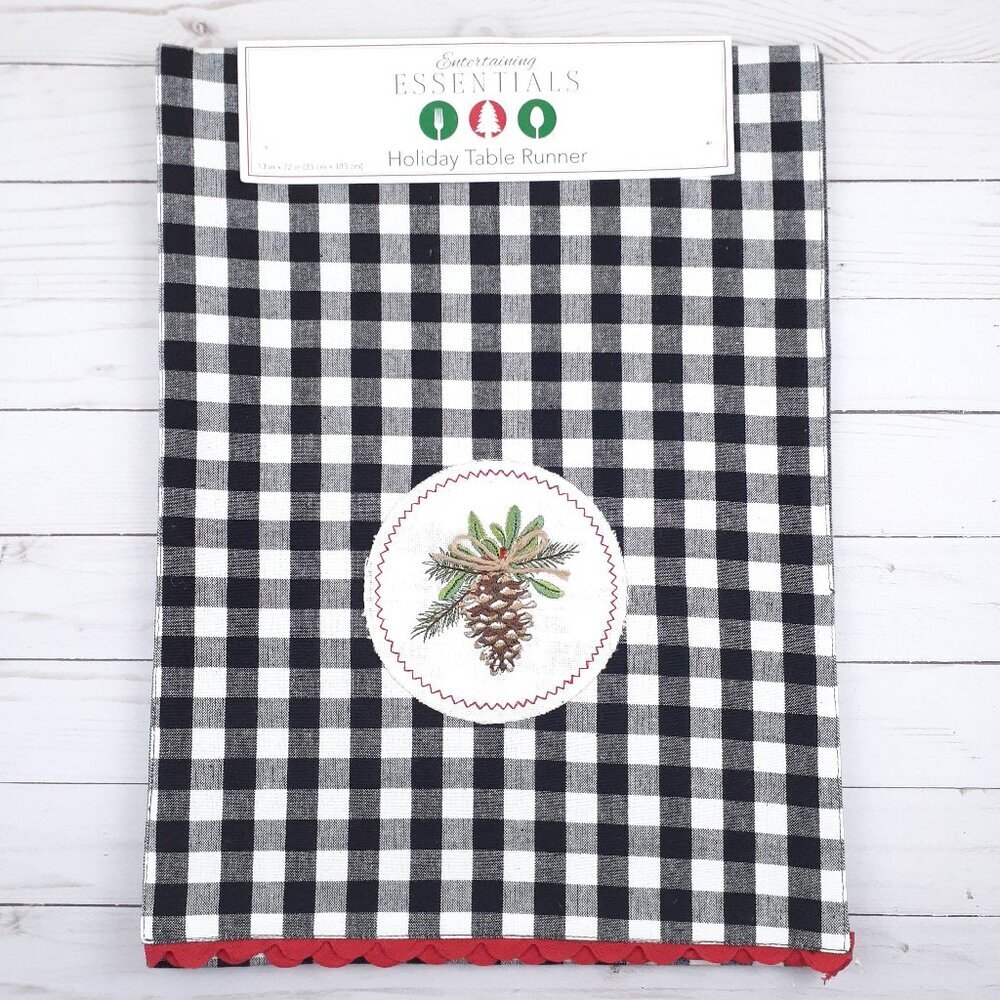 Holiday Table Runner 13x72 Buffalo Plaid Pinecone Winter Black White